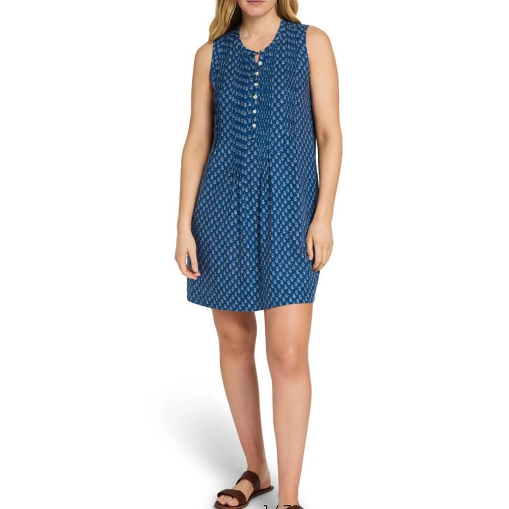 Faherty Isha Basketweave Floral Linen Dress Womens XS Blue White